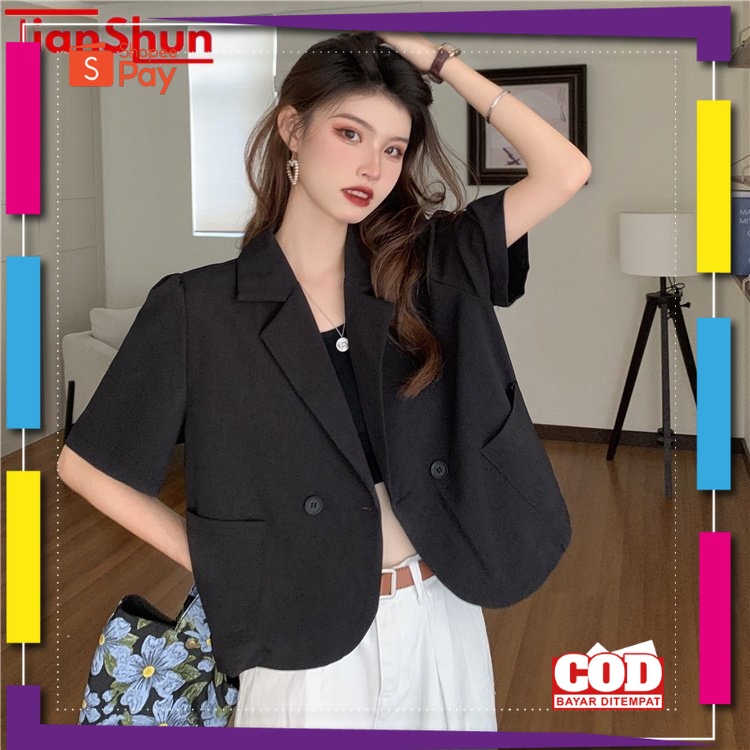 PREMIUM KOREAN STYLE / TianShun Kantong Hitam Beige Korea style Blazer Wanita Lengan Pendek Setelan 