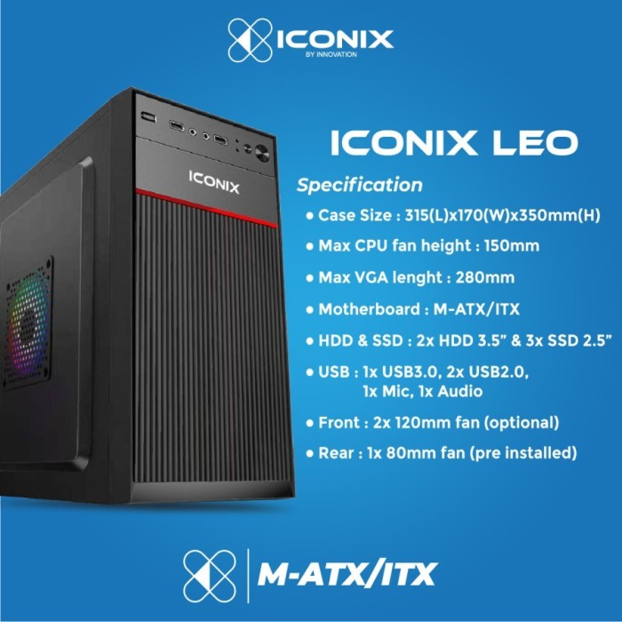CASE ICONIX LEO FREE PSU 500W CASING PC Komputer