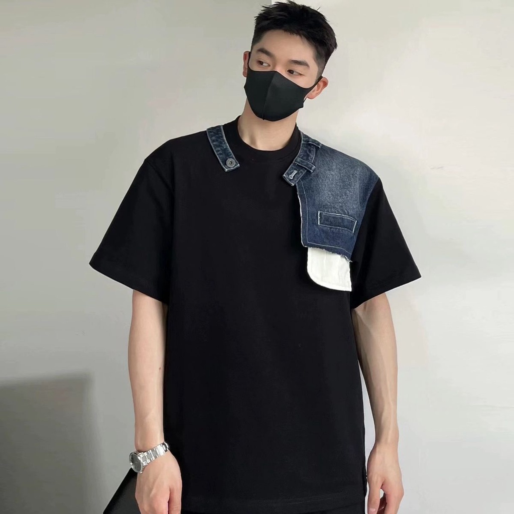 Heavyweight patchwork denim structure round neck T-shirt for men