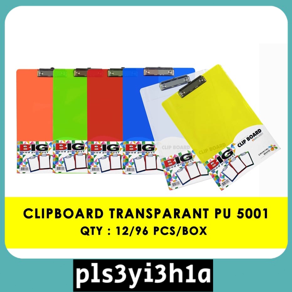 CLIPBOARD BIG PLASTIK TRANSPARANT PU-5001 / CLIPBOARD PLASTIK BIG / PAPAN UJIAN