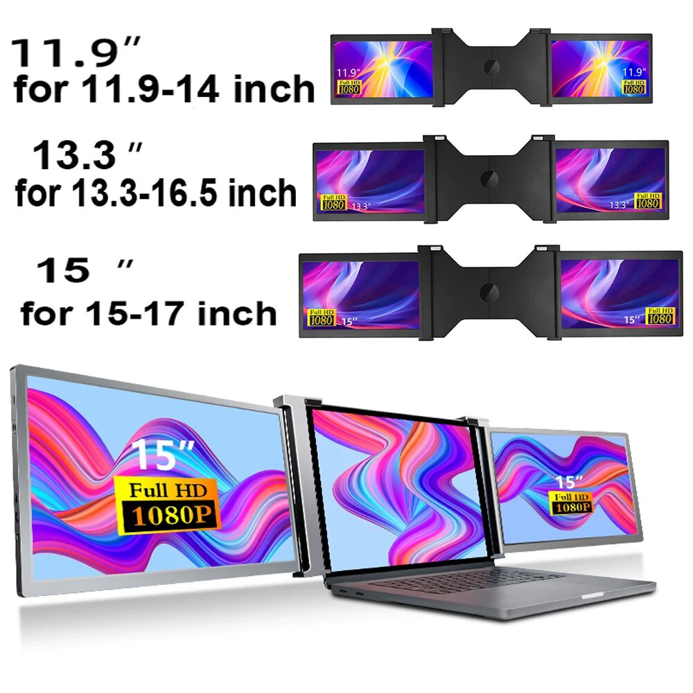 11.9/15 inch Portable Triple-screen Monitor Laptop Expansion Screen 1920*1080 Resolution Easy Instal
