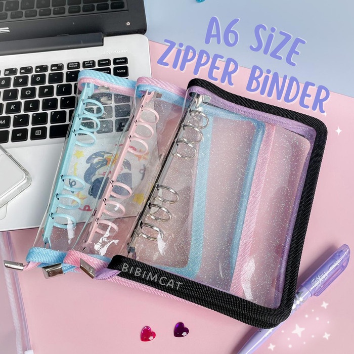 

(A6 Size) Two Color Binder Zipper File Organizer Keuangan Resleting - Pink-Biru A6