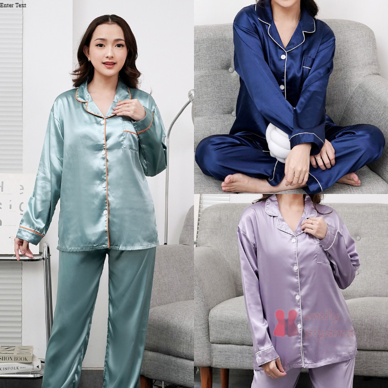 EMILY PIYAMA Baju Tidur Piyama Satin Wanita Dewasa Model Pocket Lengan Panjang Celana Panjang Premiu