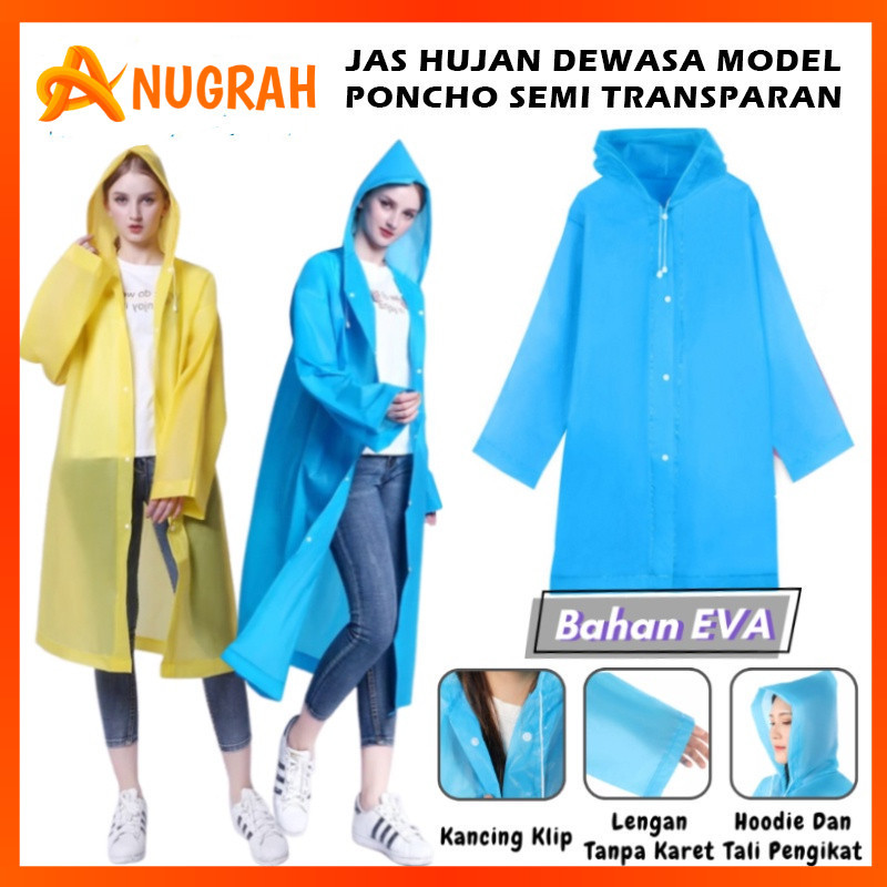 Jas Hujan Dewasa Model Poncho Waterproof Bahan EVA Tebal / Jas Hujan Mantel Korea + Hoodie Semi Tran