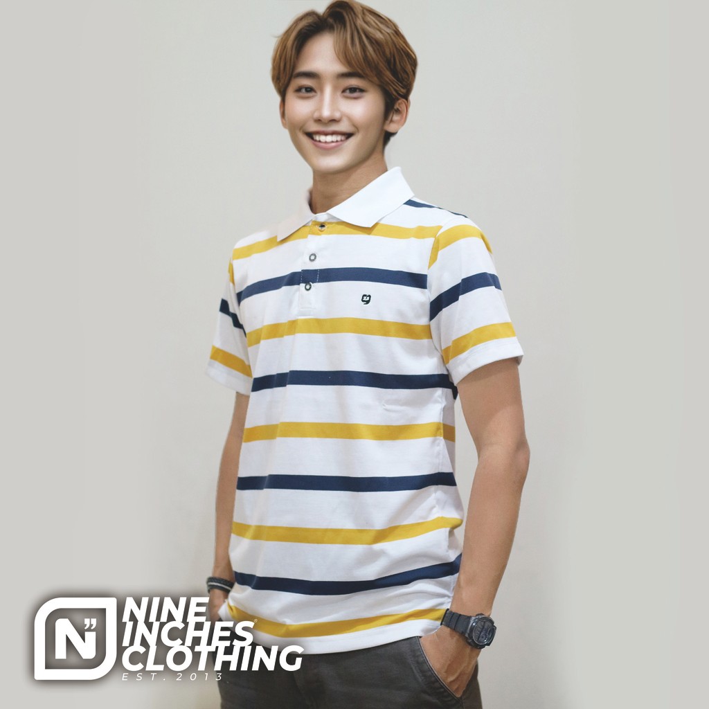 Kaos Kerah Polo Salur Premium 9 Nine inches Cotton Stripe Wangki Pria Unisex Baju Katun Garis - erky