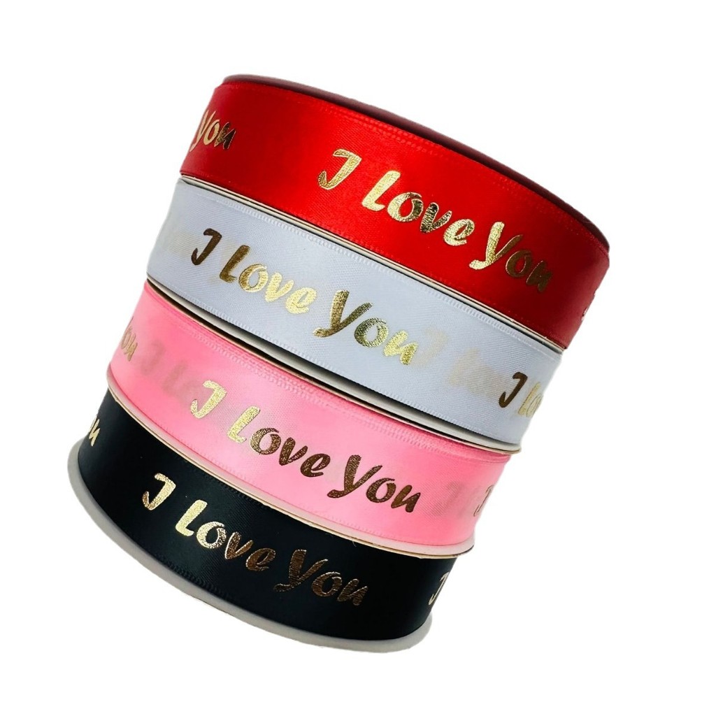 

2.5CM Gold foil I love you Satin Ribbon For Valentine gift Cake wrapping Packing Material Welcome Custom Printed