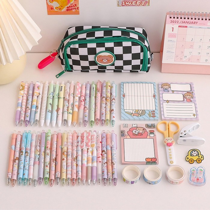 

Tempat pensil aesthetic terbaru pencil case box pensil korea organizer box pensil cute terbaru motif kotak kotak - Pink Purple