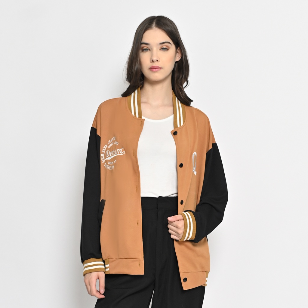 QUEENTIN Jaket Varsity Wanita 0227 Baby Tery Polyester Embroidered Baseball Jacket Lengan Panjang