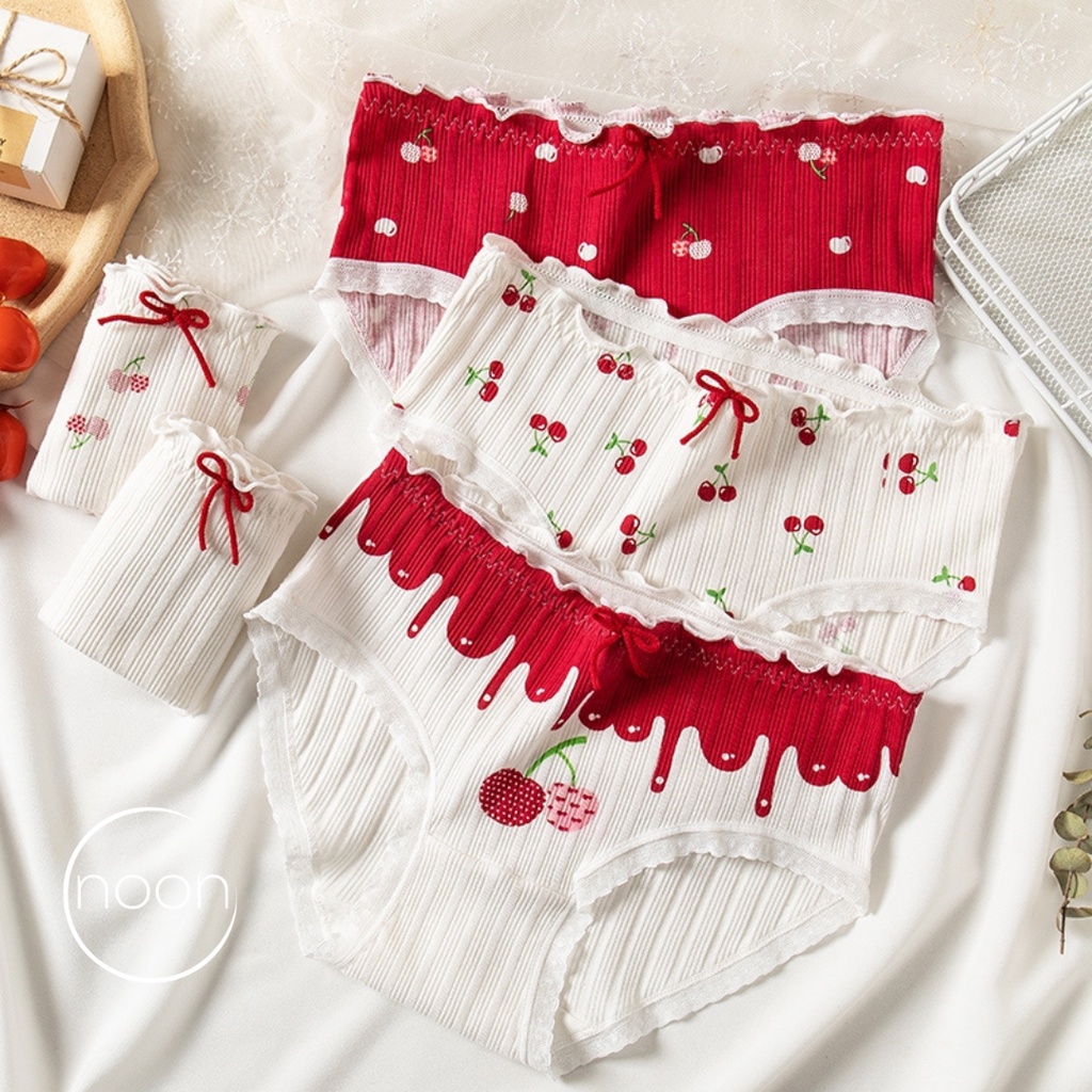NOON (Bloody Cherry) Celana Dalam Wanita Korea Motif Lucu Imut Renda Lace Katun Import CD Undies Mel