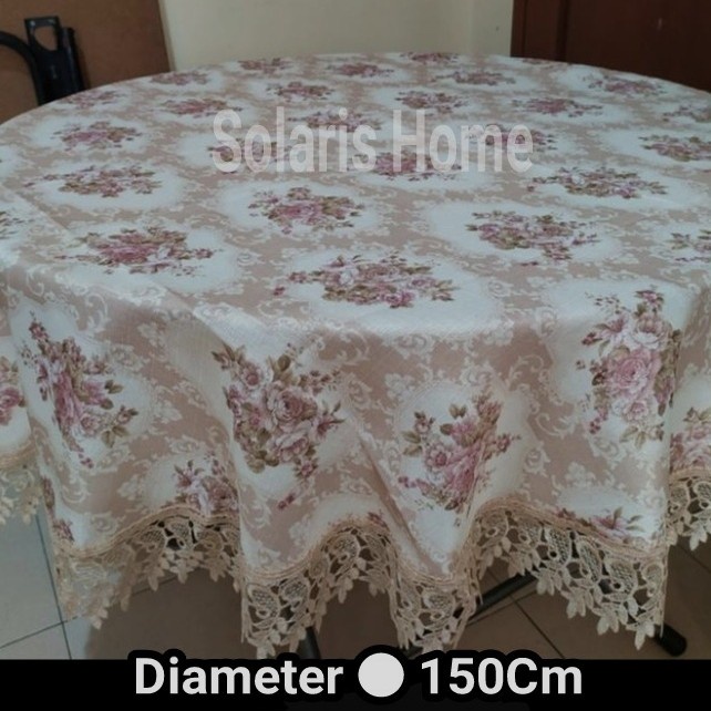 Taplak Meja Bulat Kain Diameter 150Cm Bunga Sheby Chick Renda Bordir