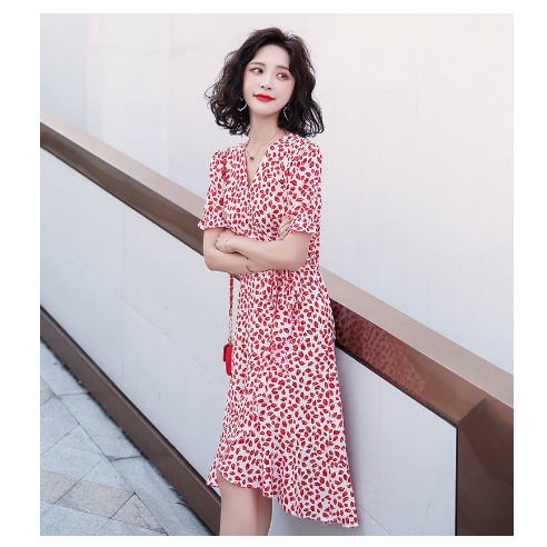 Mini Dress Panjang Rok Bawah Lutut Lengan Trompet Pendek Motif Bunga Hitam dan Merah - Dres Wanita G