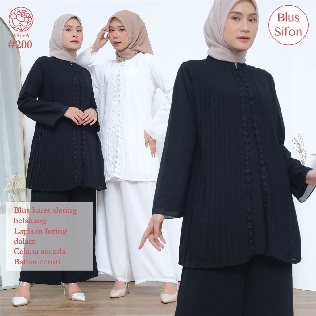 Blus JANNA Plisket Lengan Panjang Hitam Putih – Blus Chiffon Wanita Premium – Blus Muslim Formal