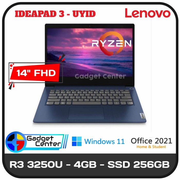 Laptop Lenovo Ideapad 3 UYID/Ryzen 3-3250/4GB|SSD 256GB/WIN 11 + OHS/Resmi
