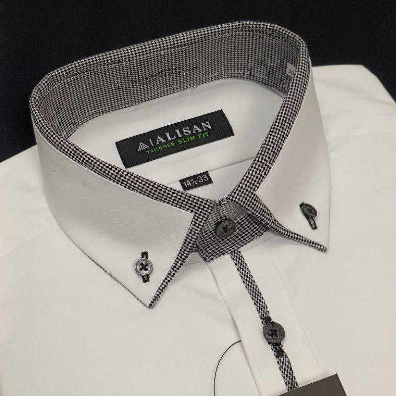 Kemeja Alisan Putih Slimfit Kerah Kombinasi Abu Lengan Panjang