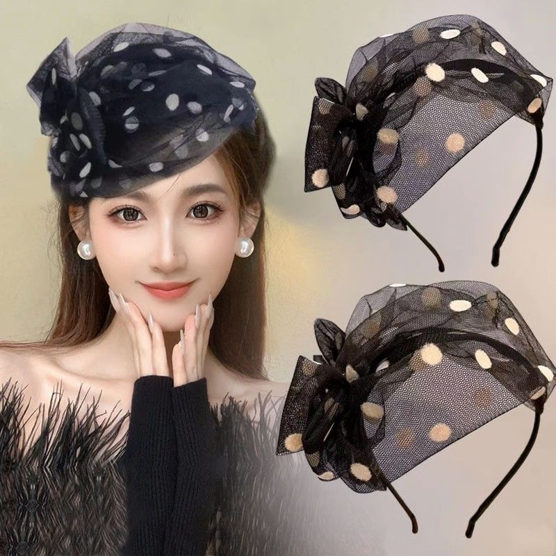 Topi Wanita, Dot Mesh Tepi Lebar Busur // Bando/Penutup Abu-abu Rambut Kepala Jepit Rambut Wanita Ga