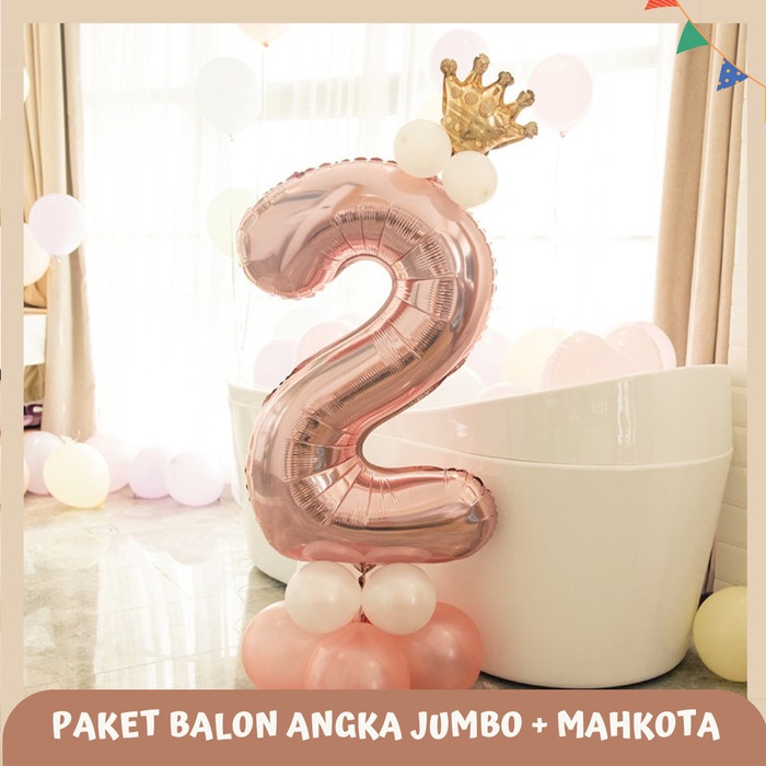 Paket Balon Angka Jumbo Crown Mini/ Balon angka 100 cm Rosegold - 0
