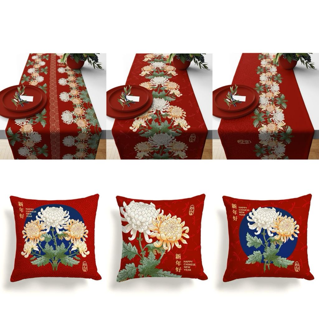SARUNG Bantal Sofa dan TABLE RUNNER Taplak Meja Print Motif Red Peony Imlek