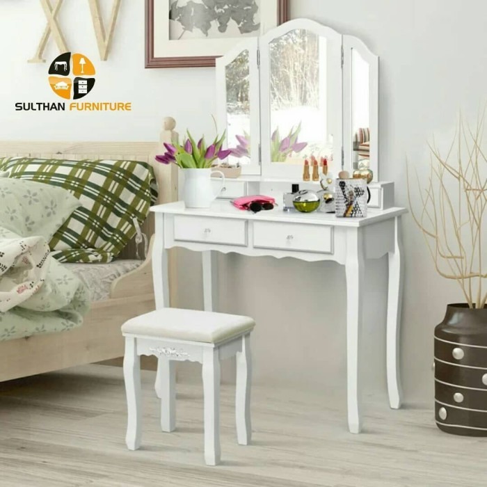Meja Rias Rosmalia - Tolet Putih 4 Laci - Cermin Rias Klasik Luxury