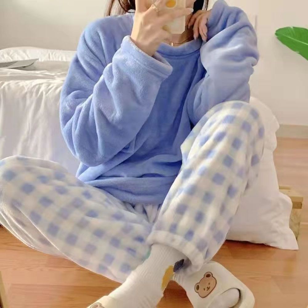 Fleece Thick Warm Women's Pajamas Set Winter Sleepwear Casual Solid Top and Plaid Pants Soft Pijamas