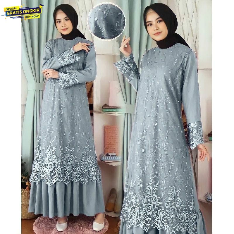 Paramita Dress Gamis Brukat Tile Premium Biru Muda Gamis Pesta Mewah Kondangan
