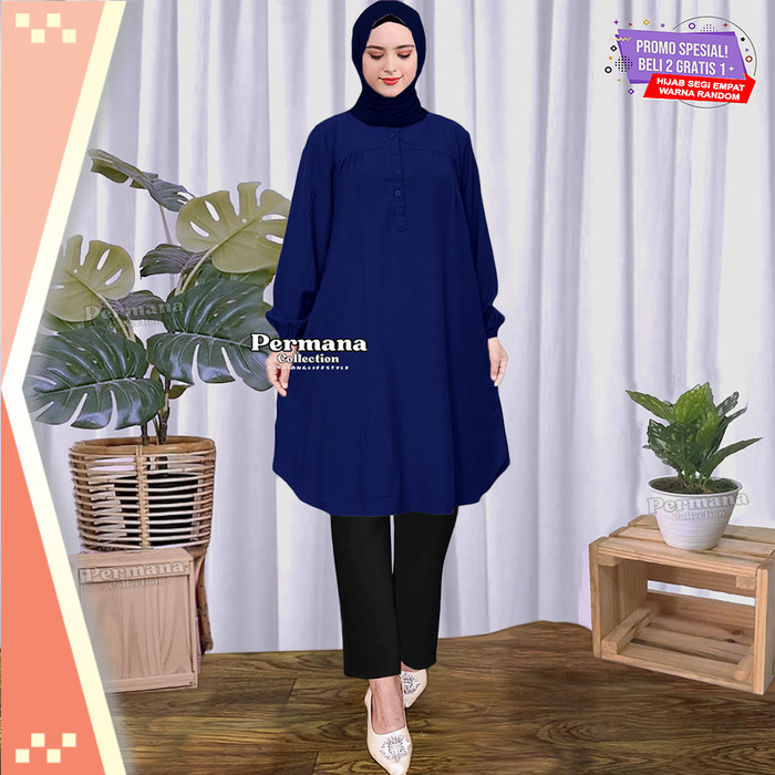 Termurah Tunik Keren / Busana Wanita Atasan Tunik Muslimah Jumbo Lengan Panjang Warna Biru - Dongker