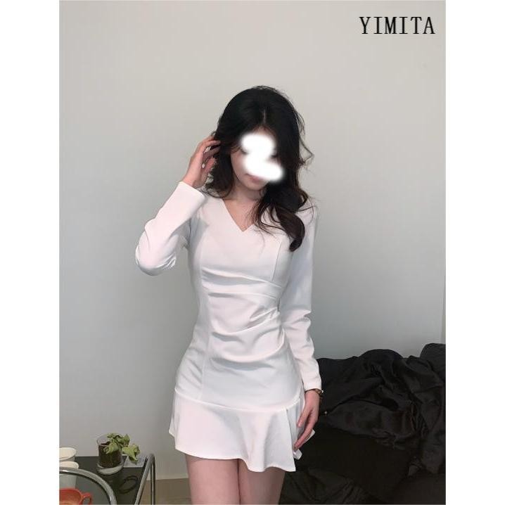YIMITA mini dress putih wanita korean style press body simple elegan formal Pendek dress lengan panj