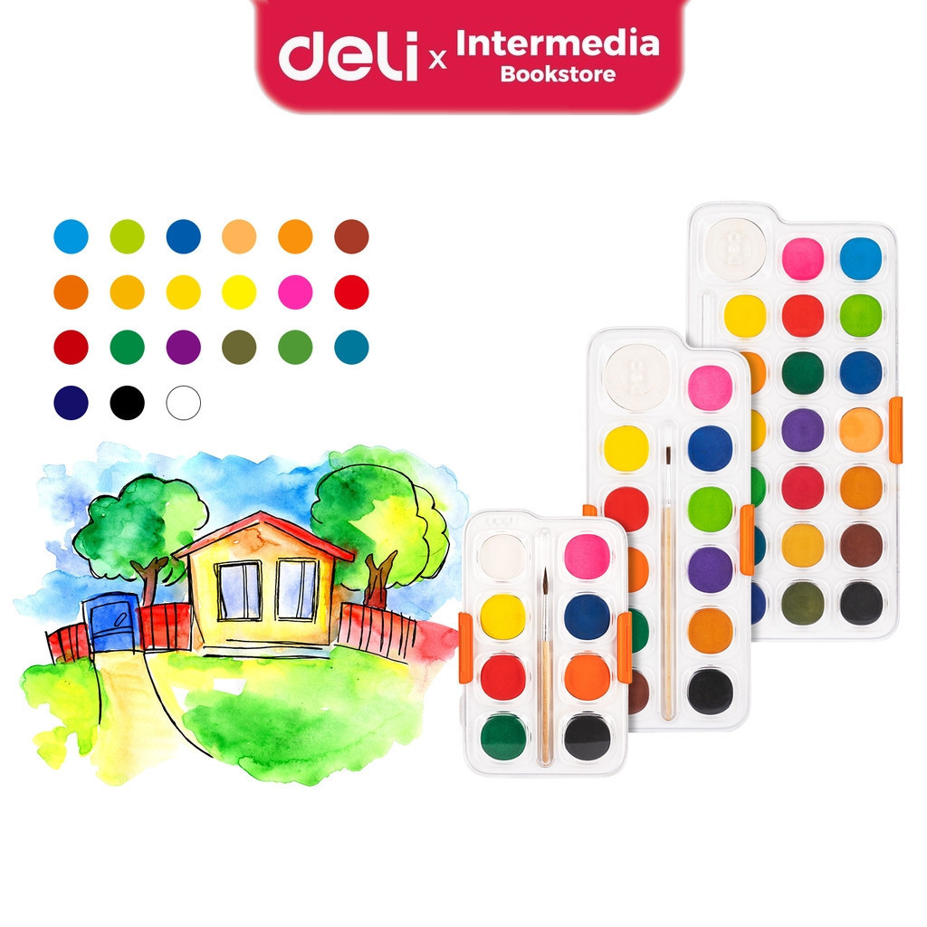 

Deli Watercolor Paint EC10-12 / Cat Air Padat 12 Warna, Kemasan Kotak + Kuas