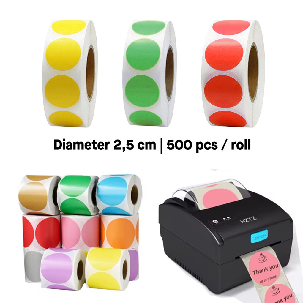 [500pcs/roll] Sticker Bulat Warna Warni Label Sticker Dot Bundar Polos Print Sticker Thermal Dot Mar