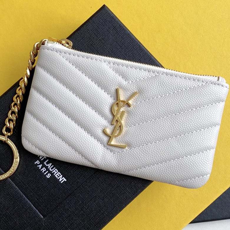 【bekas asli】（438386）Dompet koin ritsleting kaviar putih Saint Laurent/tempat kartu/tas kunci