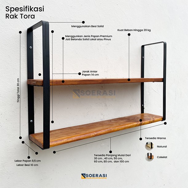 Terlaris ✨-TORA rak dinding 2 ambalan kayu dan besi buku make up hiasan dekorasi - Cokelat, 30Cm