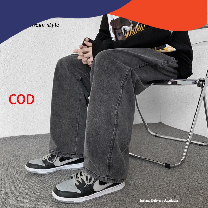 Celana hitam pria korean style loose pants jeans/ Silver