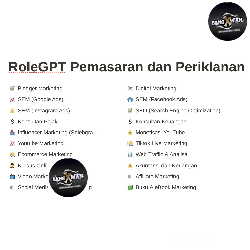 

RoleGPT Pemasaran dan Periklanan | ChatGPT Prompt | Mantra Digital | RM Marketing SEM SEO Buku Digital Sosial Media dll