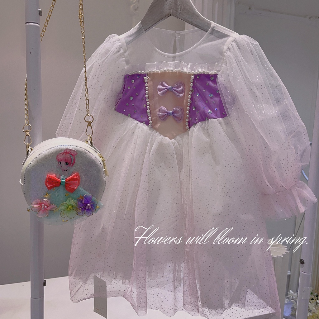 [2028577] Dress Momoci Lilac Manik Pita Renda Lengan Panjang Korean Style Impor 2-6 TAHUN