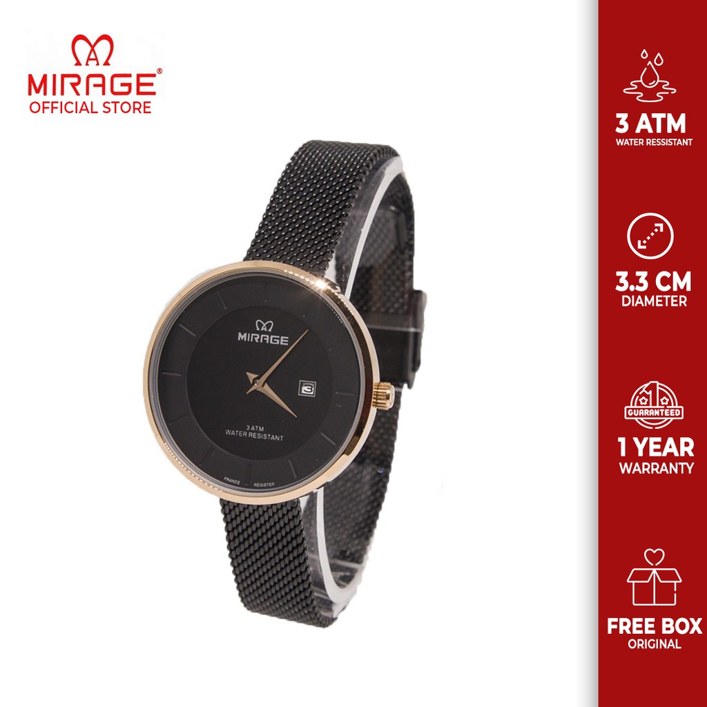 Jam Tangan Wanita Mirage Pasir 8718L Hitam Rosegold Fashion Mewah Model Terupdate