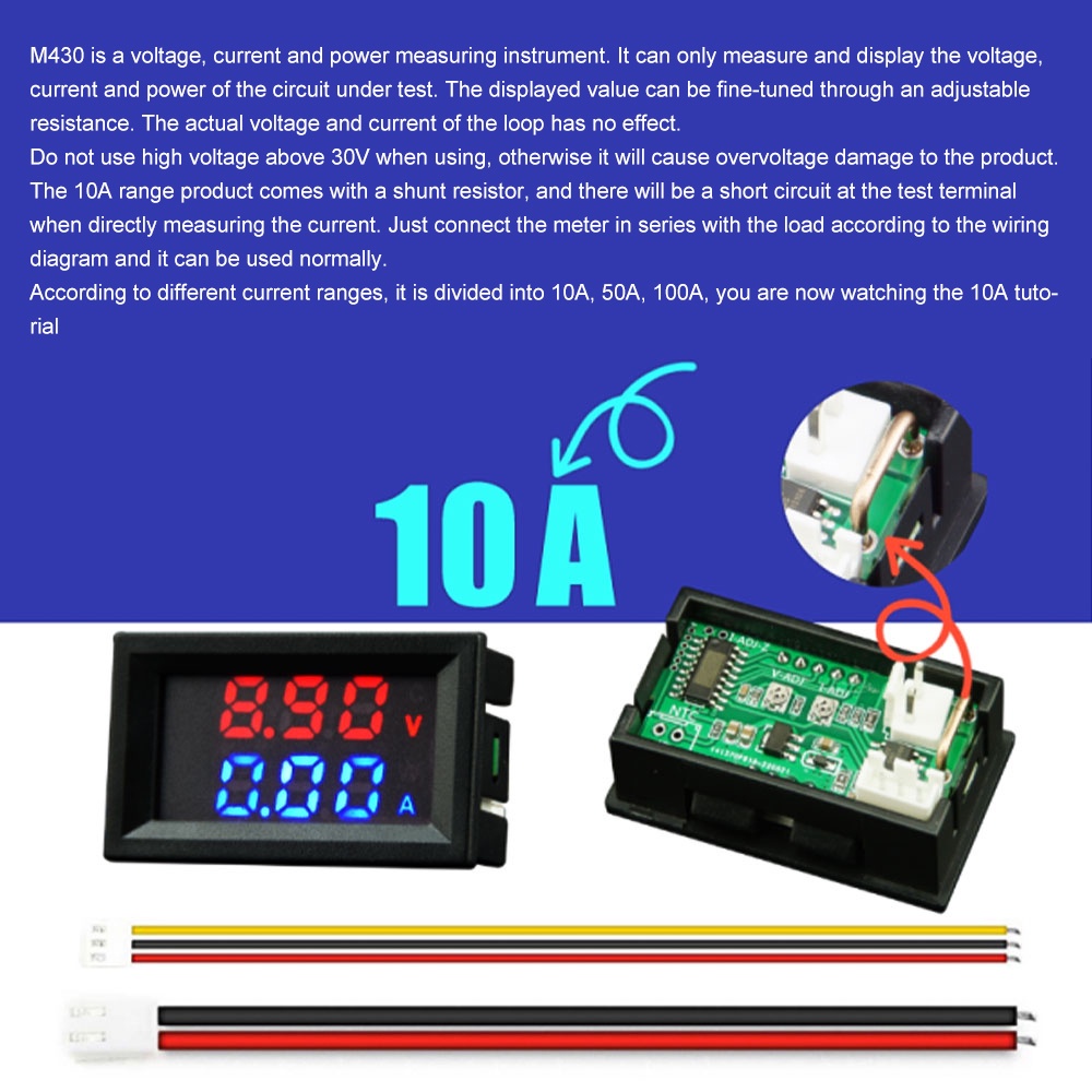 M430 Digital Voltmeter Ammeter Power Meter 10A/50A/100A Amp Voltage Current Meter Tester Red + Blue/