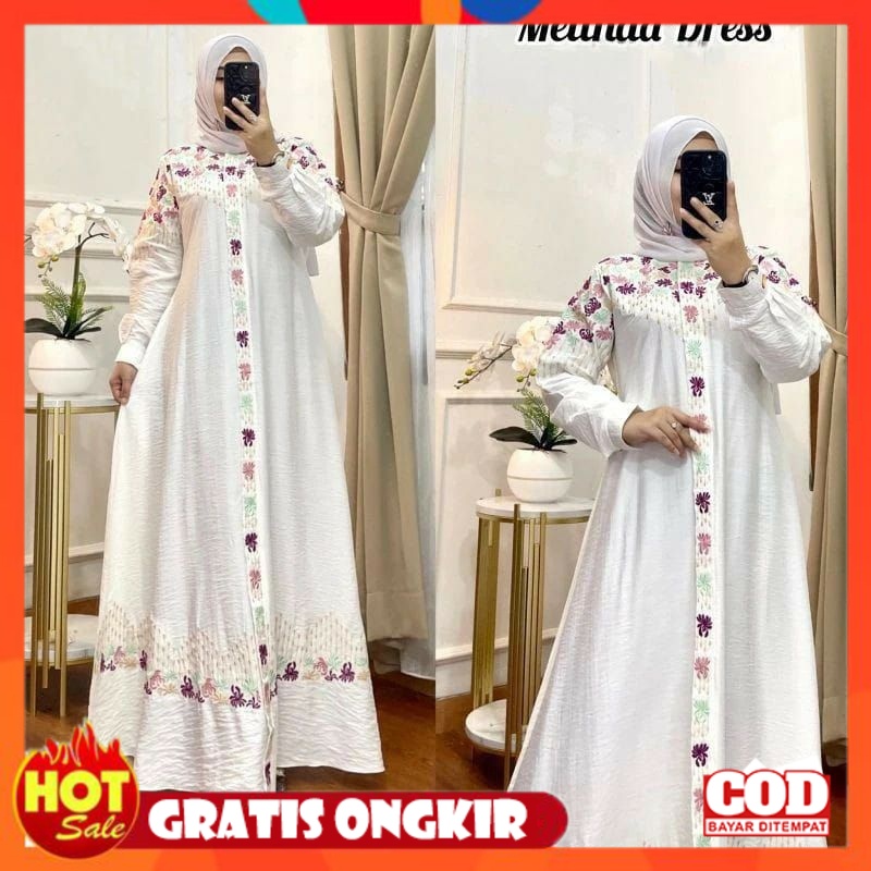 KAIN ADEM HALUS TEBAL / Modena Collections Gamis Bordir Timbul Bunga Melinda Dress Bahan Crinkle Air