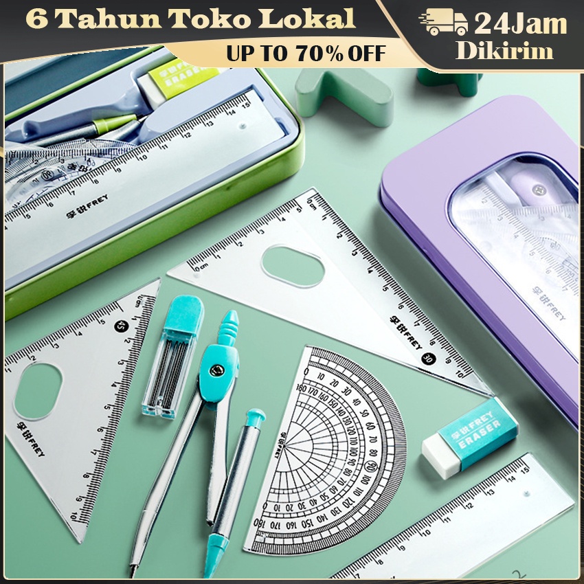 

Set Penggaris dan Penggaris Lingkaran Kotak Besi / Sebuah Set Penggaris, Jangka, Kotak Pensil, Penghapus Dan Serutan Lengkap