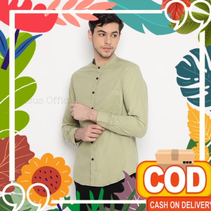 DELSUS Kemeja Pria Sanghai Polos Lengan Panjang Hijau Sage Kemko Panjang Hijau Sage/ Murah lebay