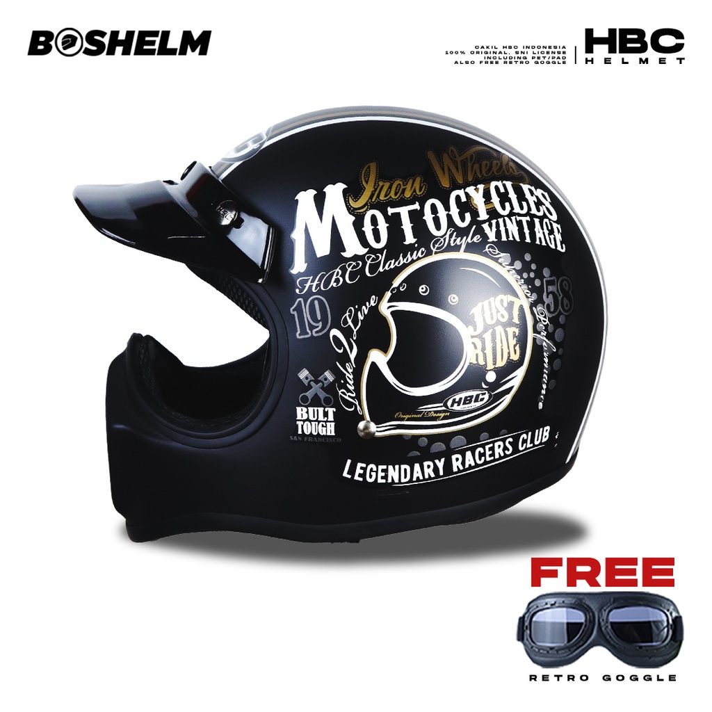 BOSHELM Helm Cakil HBC JUST RIDE BLACK Helm Retro Full Face SNI