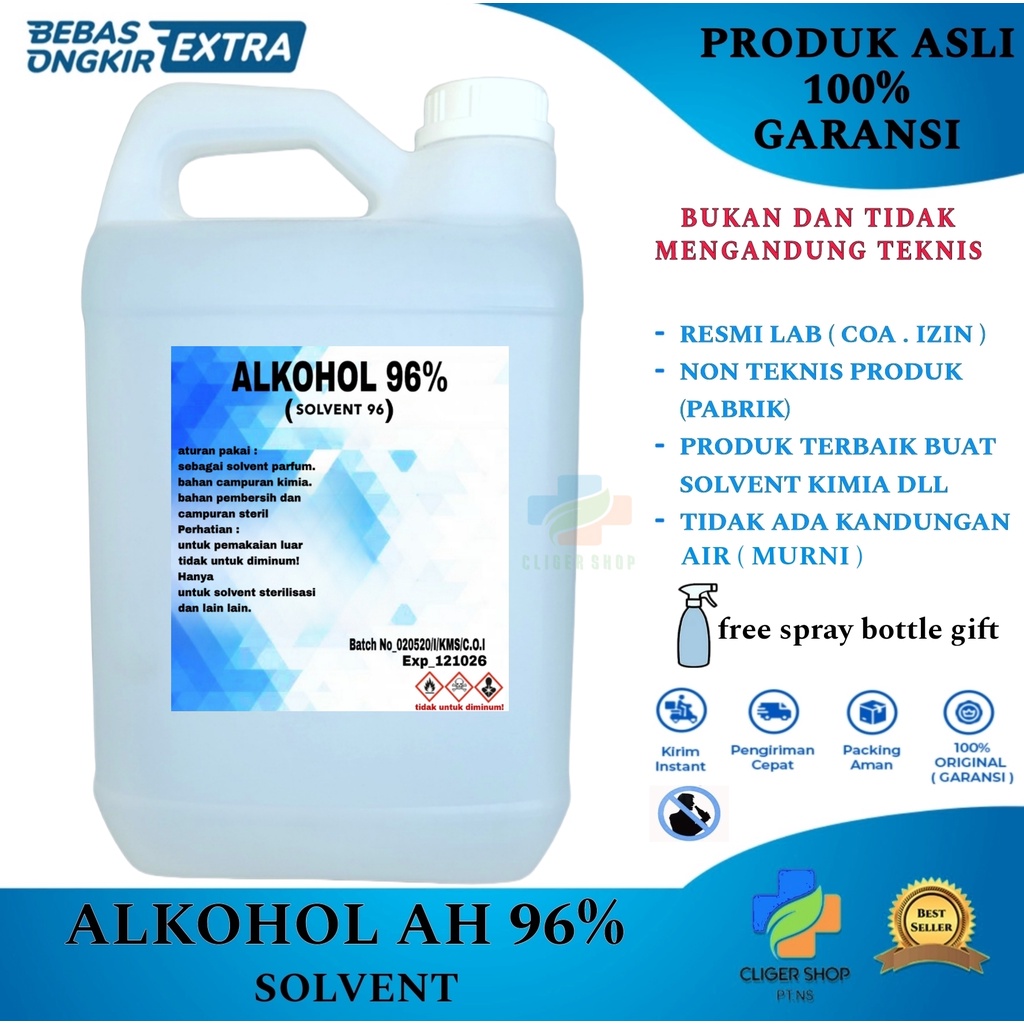 ALKOHOL 96% 5 LITER SOLVENT ALKOHOL PURE SOLVENT