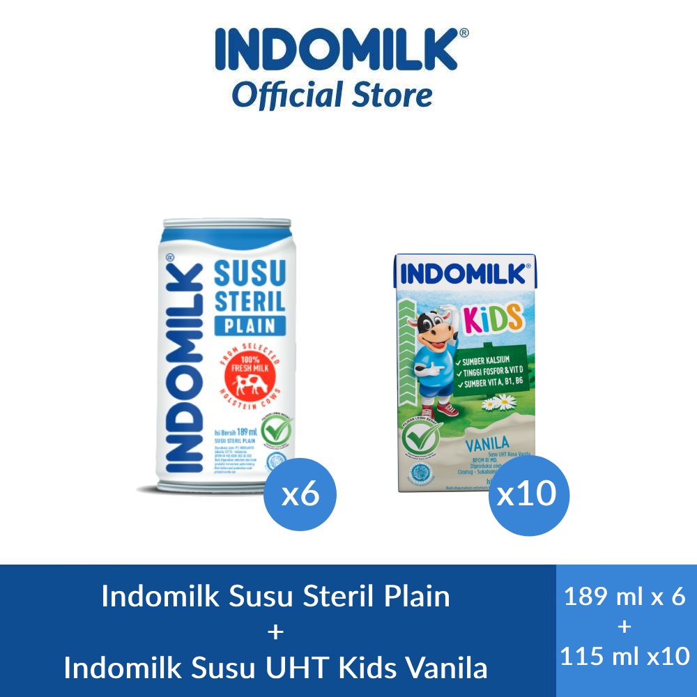 

Indomilk Susu Steril Plain 189 ml x 6 + Indomilk Kids Vanilla UHT 115 ml x 10