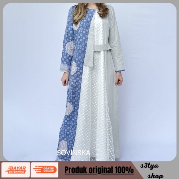 NEW PROMO Gamis batik kombinasi polos terbaru 2023 modern/gamis batik modern/Gamis Batik Dress Panjang Cewe MT 33 bola biru Terjangkau