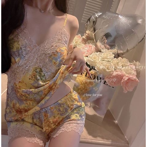 19A. Piyama Vintage S05 bunga-bunga renda Set Baju Tidur Baju Celana Pendek Import Sweet bunga kunin
