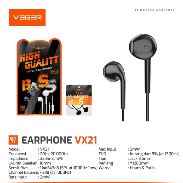 VEGER VX-21 EARPHONE handsfree VEGER VX21 EXTRA BASS with MIC ORIGINAL
