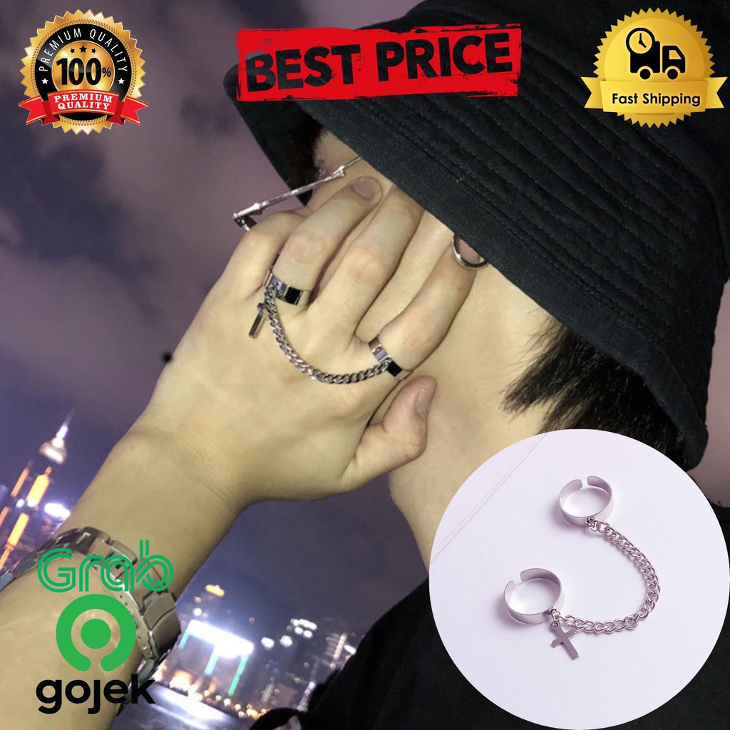 Cincin salib rantai 2 jari adjustable titanium hip hop keren pria , cincin pria / cincin salib / cin