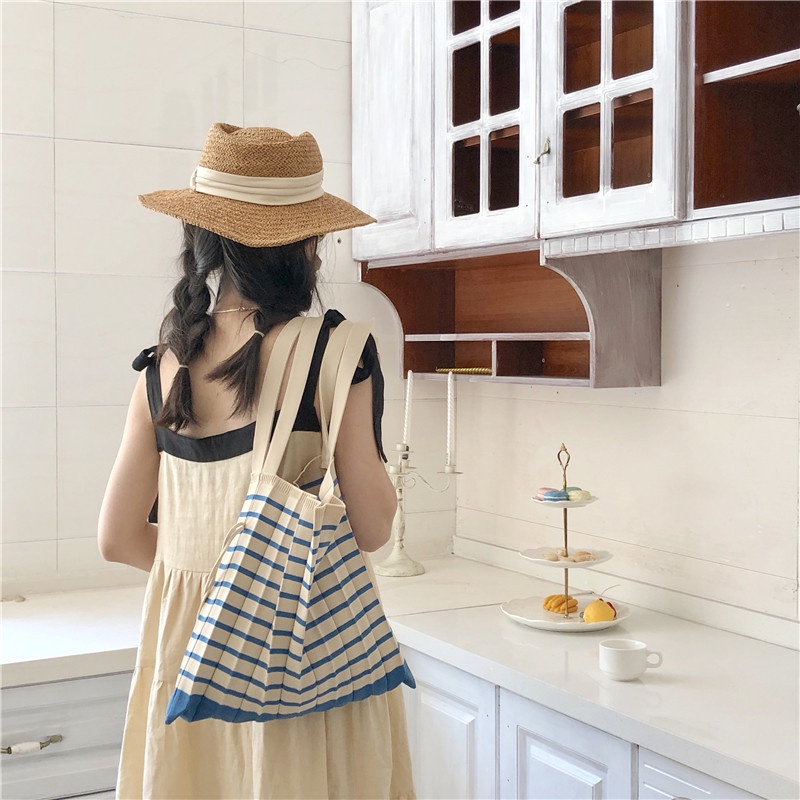 Town Shell - Pleats Stripe Korean Hand Bag / Pleated Totebag / Pleat tote bag / tas korea