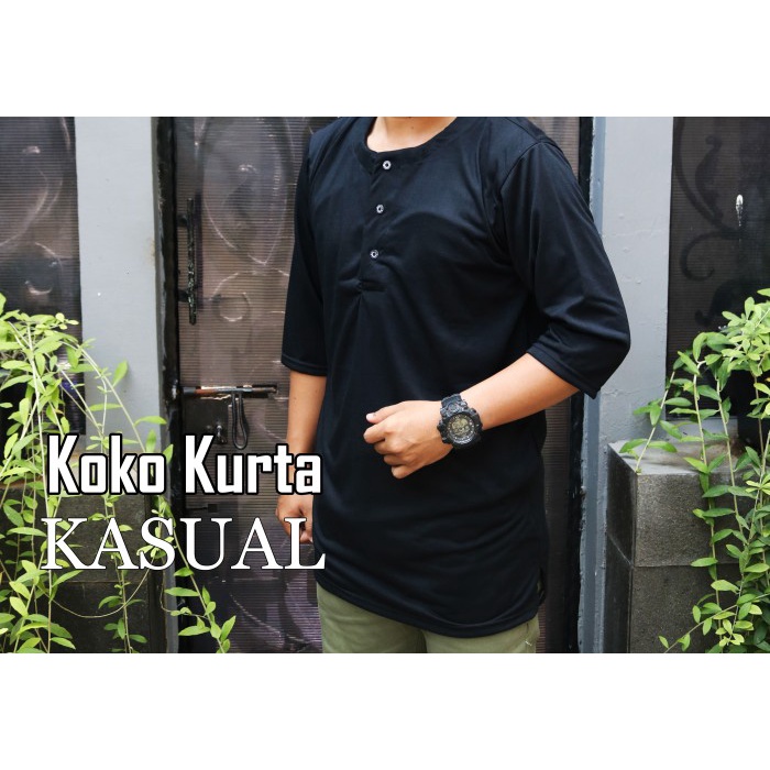 Koko Kurta Pakistan Bahan Kaos Lengan 3/4 Kasual Baju Muslim Pria - Abu-abu, XL