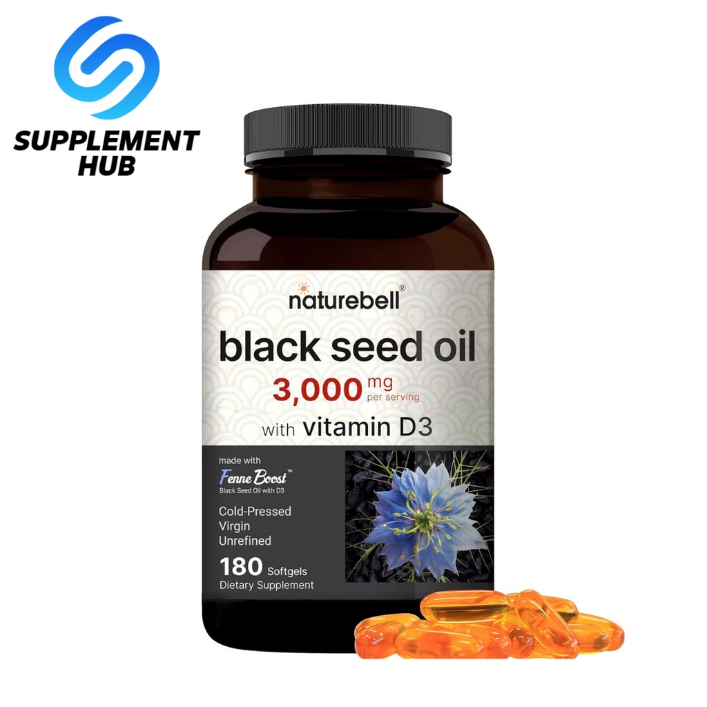 NatureBell Cold Pressed Black Seed Oil 3000mg + Vit D3 2000IU 180 Caps