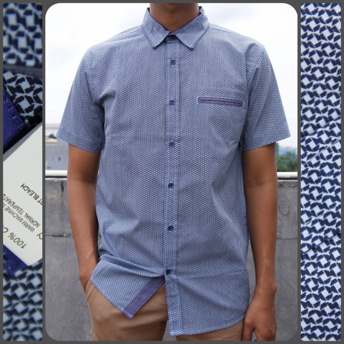Mark Kemeja Pria Lengan Pendek Biru Motif Bintik Putih Contempo 04 - S