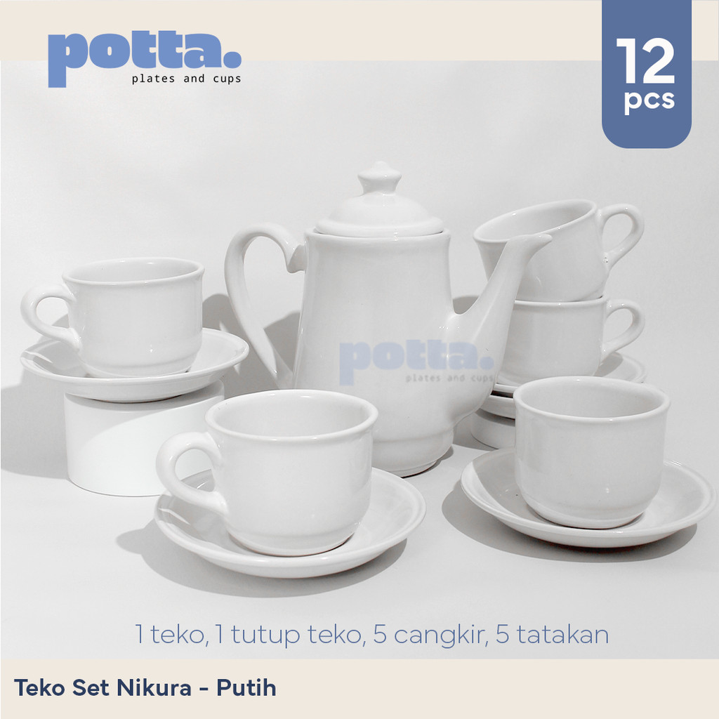 Teko Set Cangkir dan Tatakan Keramik Solid Nikura - 12pcs Gelas Kopi & Teh